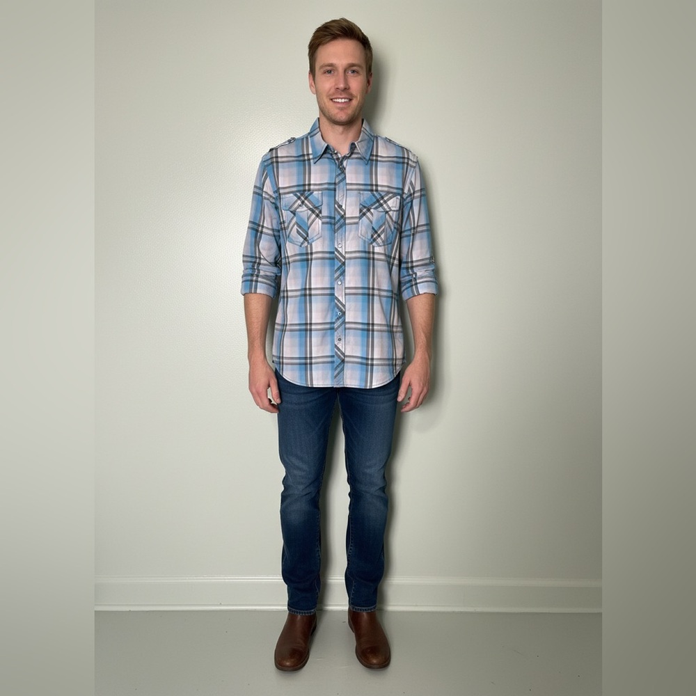 INC Men's Light Blue & White Plaid Button-Up Shirt 100% Cotton Size S